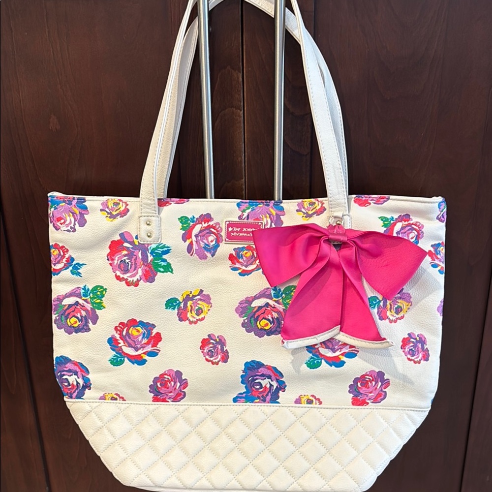 Betsey Johnson Cream Floral Tote with Pink Bow